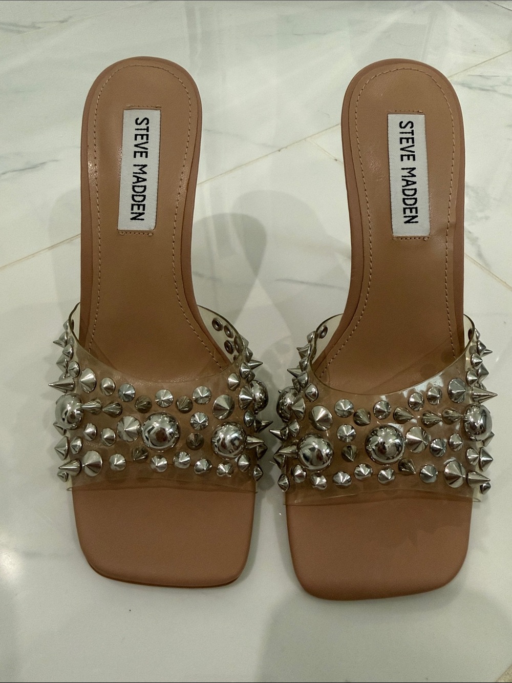 Steve Madden Tan Studded Clear-Band Slide Mules